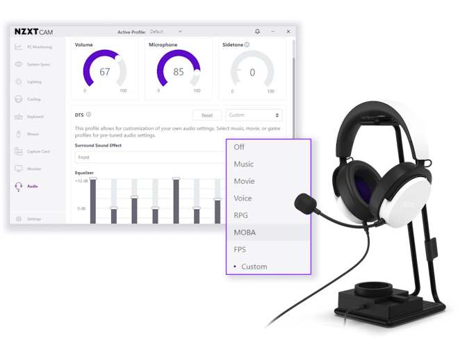 NZXT CAM interface showing preset modes including MOBA, Movie, Music, FPS, and Custom as well as DTS and equalizer