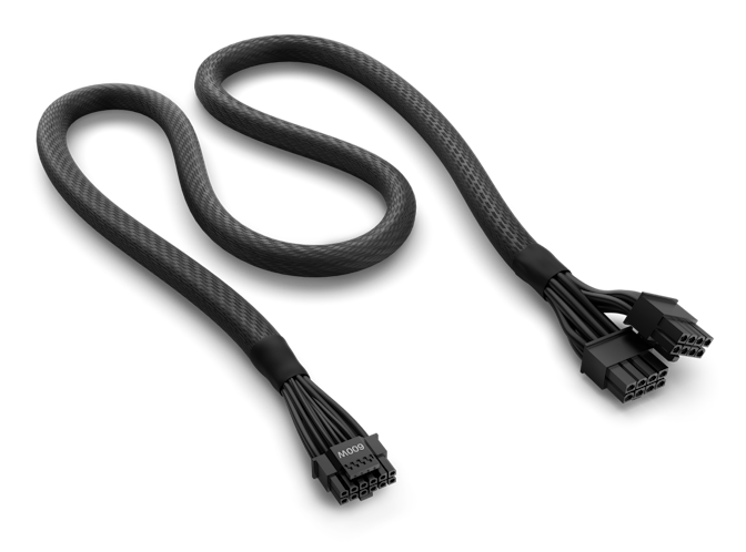 Full view of the black 12VHPWR braided cable showing the 16-pin 600W connector and the PCIe 5.0 Dual 8-Pin Connectors