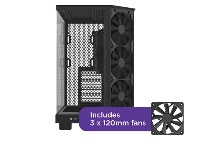 Empty H6 Flow from the front view with a call out mentioning the included 3 x 120mm RGB fans.