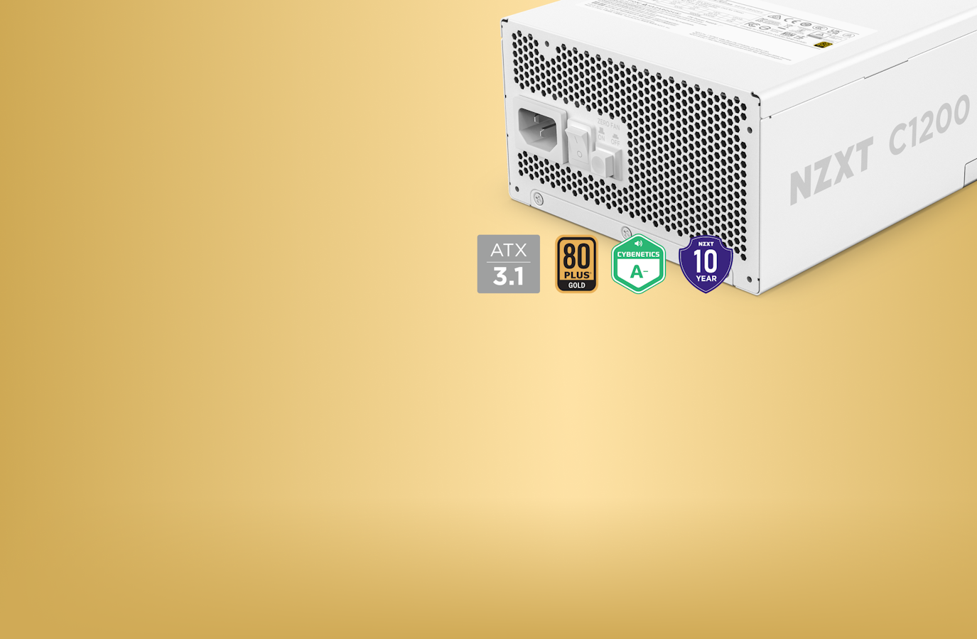 C1200 Gold PSU - Close-up angle. ATX 3.1, 80 PLUS Gold, Cybernetics Badge, NZXT 10-Year Warranty