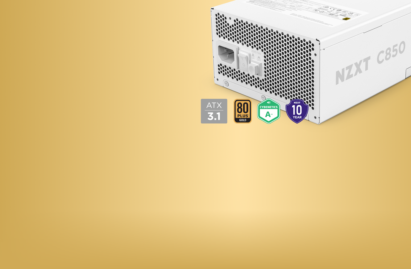 C850 Gold PSU - Close-up angle. ATX 3.1, 80 PLUS Gold, Cybernetics Badge, NZXT 10-Year Warranty