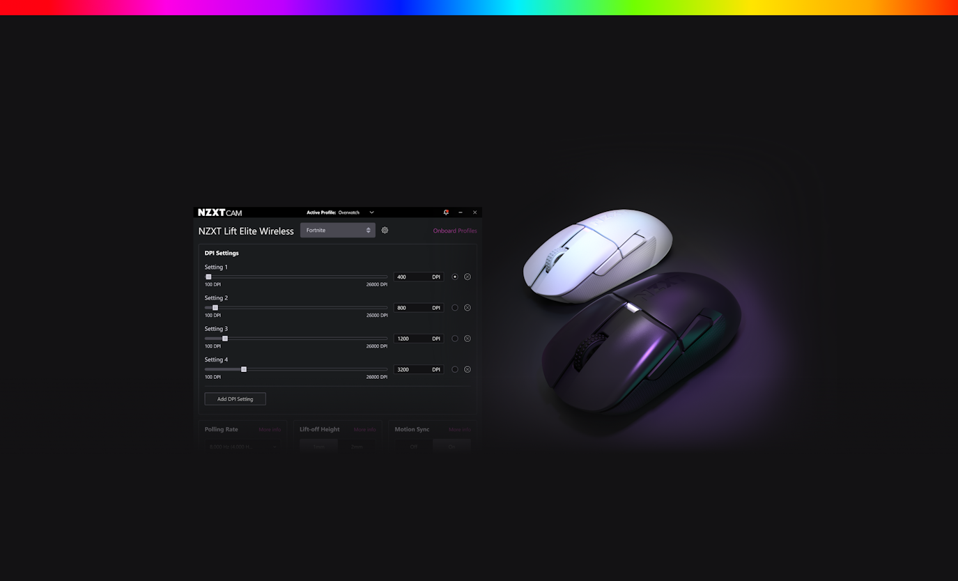 White and Black Lift Elite Wireless mice next to CAM Software integration example