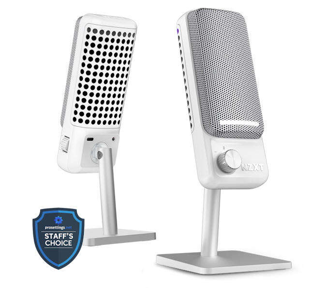 Front and back of white capsule elite microphone with Prosettings Staff’s Choice badge